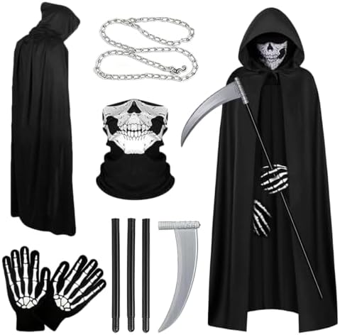 JWDMHSJ Sensenmann Kostüm 150cm Reaper Kostüm für Karneval Mottoparty | Halloween Kostüm mit Umhang Kapuze Sense Halloween Requisite Totenkopf Maske Skelett Handschuhen und Kette