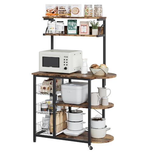Bestier Kitchen Rack with 3 Wire Basket, 5-Tier Microwave Stand with Open Storage Shelves, Rolling Coffee Bar & Kitchen Shelf with Hooks & Wheels for Kitchen, Dining Room, Living Room, Rustic Brown