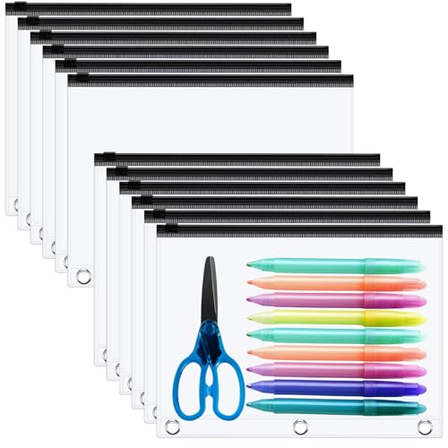 Lincia 24 Pack Clear Pencil Pouch for 3 Ring Binder Pencil Case with Zipper 3 Ring Binder Pocket Insert Bag 10 x 7'' Visible Cash Envelope with Re-enforced Grommet for Office (Black,Clear)