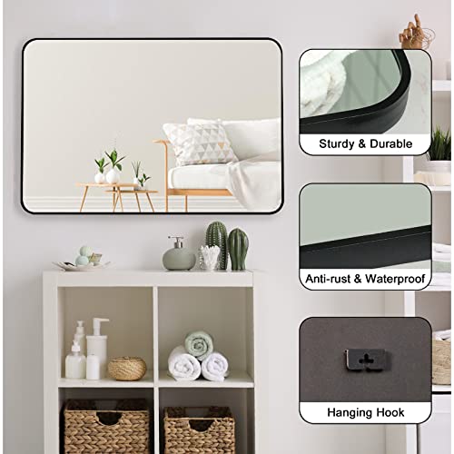 Rozycher Black Rectangle Mirror 24X36 Inch, Large Rounded Rectangle Mirror, Black Bathroom Mirror For Wall, Modern Wall Mirror, Matte Rectangle Mirrors For Bathroom, Horizontal Or Vertical #TOP1