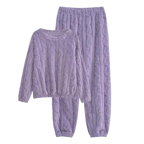 Generisch Pyjama 2 pièces pour femme - Grandes tailles - En peluche - Chaud - Rayé - Pour homme et femme - Vêtement de nuit long - Pantalon de pyjama chaud, lilas, L – vue 4