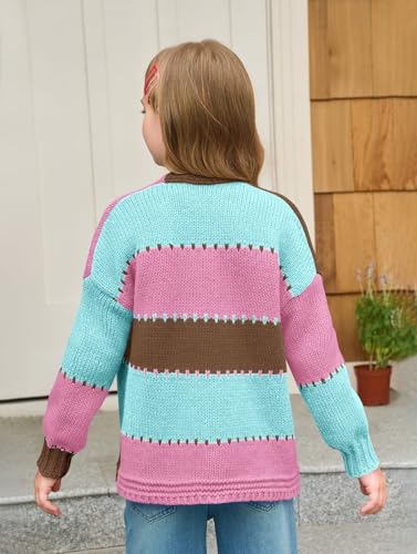 Haloumoning Girls Color Block Cardigan Sweaters Kids Chunky Open Front Knitted Sweater 5-14 Years4