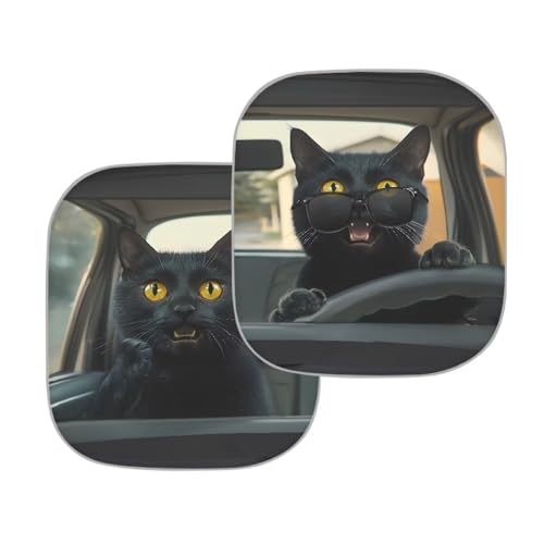 Image of Funny Black Cat Car Front Windshield Sun Shade 2-Piece Foldable Car Windshield Sun Shade UV Rays and Keeps Vehicle Cool Easy to Install for Most Sedan Truck SUV
