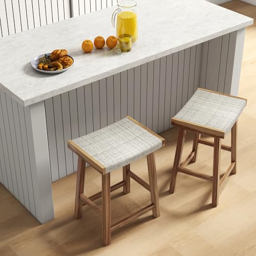 Butacos de bar GOFLAME, juego de 2 unidades, altura de mostrador (25,5 pulgadas), asiento tejido en pasto marino, estructura de madera maciza y reposapiés, butacos sin respaldo para cocina y comedor miniatura 2