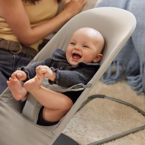 Image of BabyBjorn Bouncer Balance Soft, Sand Gray, Woven /Jersey, Tri-Fabric | 2-in-1 Adjustable Baby Bouncer Seat and Toddler Chair, Newborn to Toddler (8-29 lbs), 4 Positions, Lightweight & Portable