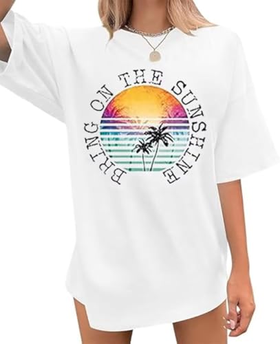 Sunshine Oversized T Shirt for Women Palm Tree Print Summer Casual Shirts Tropical Hawaiian Beach Party Shirt Top Teess（Large,White