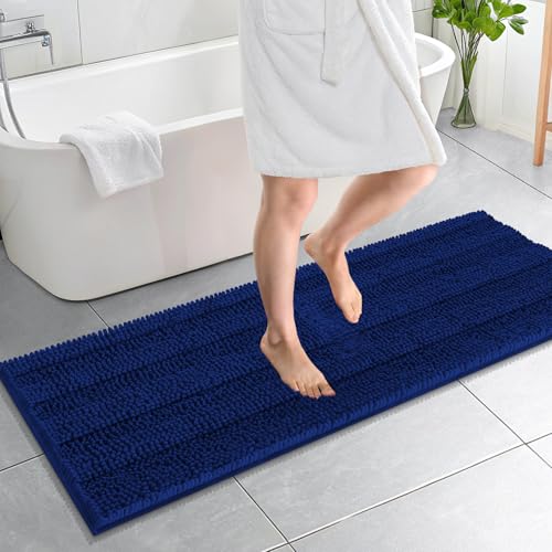 Image of OLANLY Thick Bathroom Runner Rugs 59x20, Absorbent Chenille Striped Bath Rugs, Rubber Backing, Machine Wash Dry, Extra Long Bath Mats for Bathroom Floor, Tub and Shower, Home Decor Accessories, Navy
