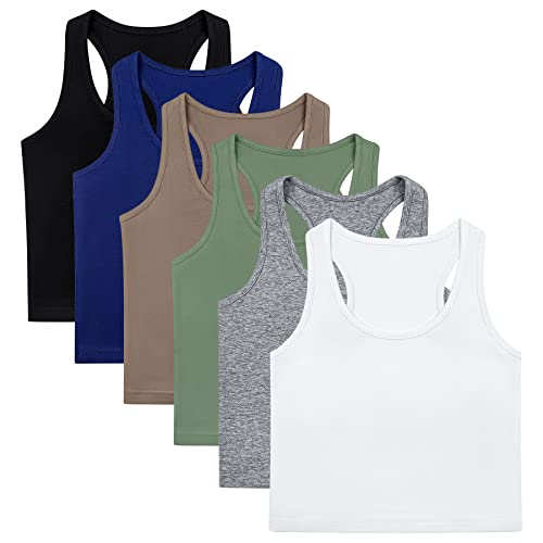 Kepairtia 6 Stück Workout Crop Tank Tops Ärmellos Racerback Crop Sport Baumwolle Top für Frauen Mädchen, Schwarz, Weiß, Grau, Blau, Kaffee, Oliv, Mittel Cover