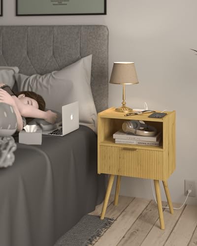 Image of JOONEE Nightstand with Outlet,Modern Bedside Table with Storage Drawer and Open Wood Shelf, for Living Room, Bedroom and Small Spaces, Accent Night Stand with Solid Wood Legs, Easy Assembly,Yellow Oak