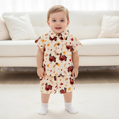 Toddler Baby Boy Thanksgiving Outfit Turkey Cotton Linen Short Sleeve Button Down Shirt and Shorts Set Fall Clothes2
