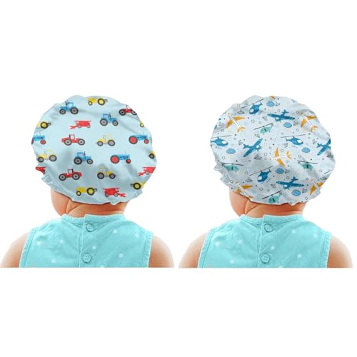 Babrukda 2Pcs Kids Satin Sleeping Cap for Curly Natural Hair Children Bonnet Night Hat with Elastic Band Beanie Photo Props Decoration for Girls Boys, Cars and Airplane Print