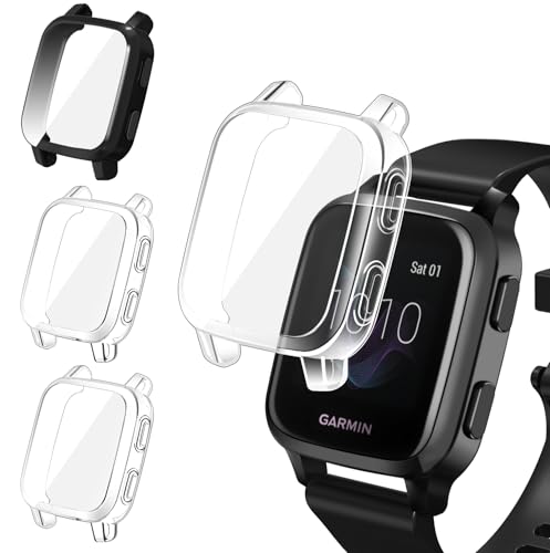iVoler 3 Pezzi HD Clear Cover con Pellicola Protettiva per Garmin Venu SQ 2 / SQ 2 Music/SQ/SQ Music, Copertura Completa Custodia Anti-Graffio Sottile Morbida TPU Case, 2 Trasparente + 1 Nero