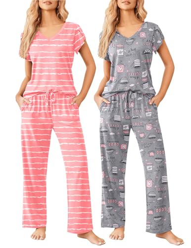 Image of Ekouaer 2 Pack Womens Pajamas Short Sleeve Sleepwear Top with Pants Super-Soft Printed Lounge Sets S-XXL