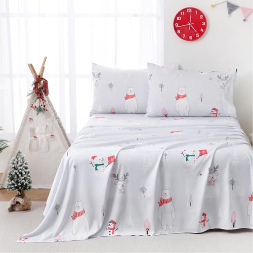 Yibeizi Kids Christmas Sheets Full Size Light Grey Bear Snowmen Printed Sheet Set for Boys Girls Cute Microfiber Bedsheets Deep Pocket Bed Sheet & Pillowcase Sets 4 Pieces