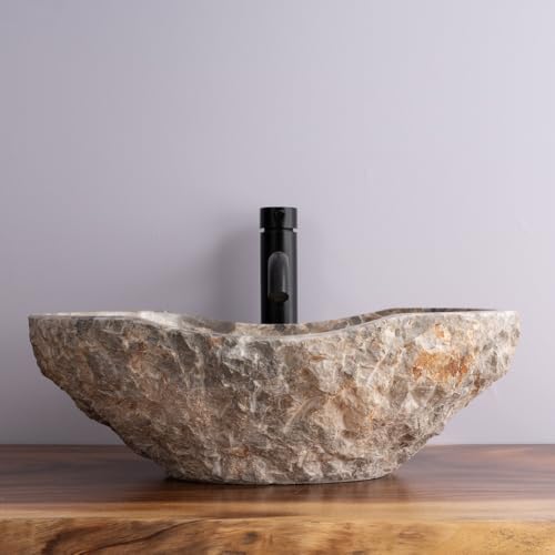 Fossil Gray Breccia Marble Vessel Sink with Unique Beige and Gold Patterns, Hand-Carved Canoe-Shaped...