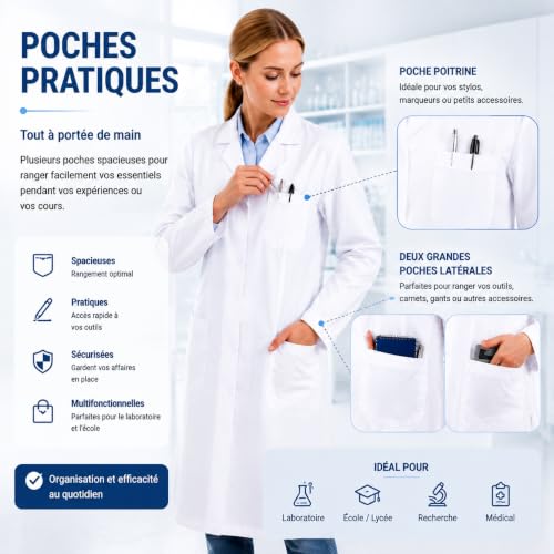 Générique Blouse Blanche Chimie Physique Médicale Scientifique Coton Manche Longue avec Poche pour Étudiant Homme Femme Lycee Collège Laboratoire Confortable léger résistant Pratique idéal – vue 3