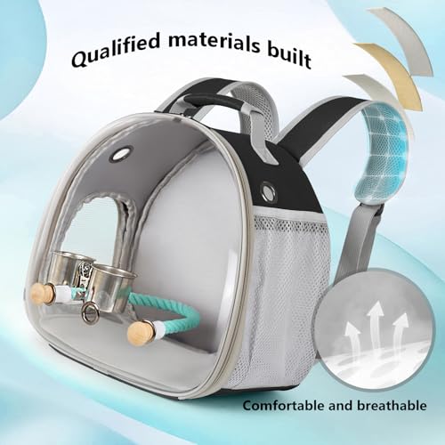 Image of Small Bird Travel Backpack Carrier Cage with Cups, Backpack to Transport Backpack Carrier with Clamp Cups Stand Perch for Parakeet Cockatiel Budgies Vet Carry Book Bag Black
