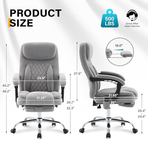 6-Point Massage Ergonomic Office Chair with Heated, Footrest & 45Reclining High Back, Big and Tall Executive Desk Chair 500LBS, Thick Cushion for Home Office, Grey