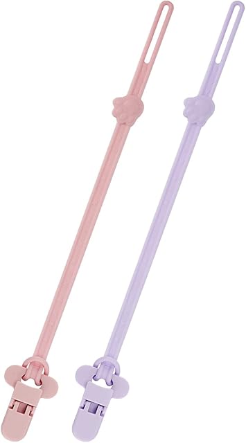 BEBOAN Silicone Dummy Clips for Boys and Girls, 2 Pack Soother Chains Pacifier Holders Leashes Clips with Clasp for Teething Toys Baby Shower, Pink&Purple