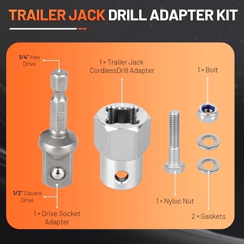 Image of Top-Wind Trailer Jack Drill Adapter 1 /2 in Shaft Hole a 1 /4 in Through Hole | Upgraded, Stainless Steel, Trailer Jack Crank Handle Cordless Drill Adapter, for Campers, RV, Light Small Trailer