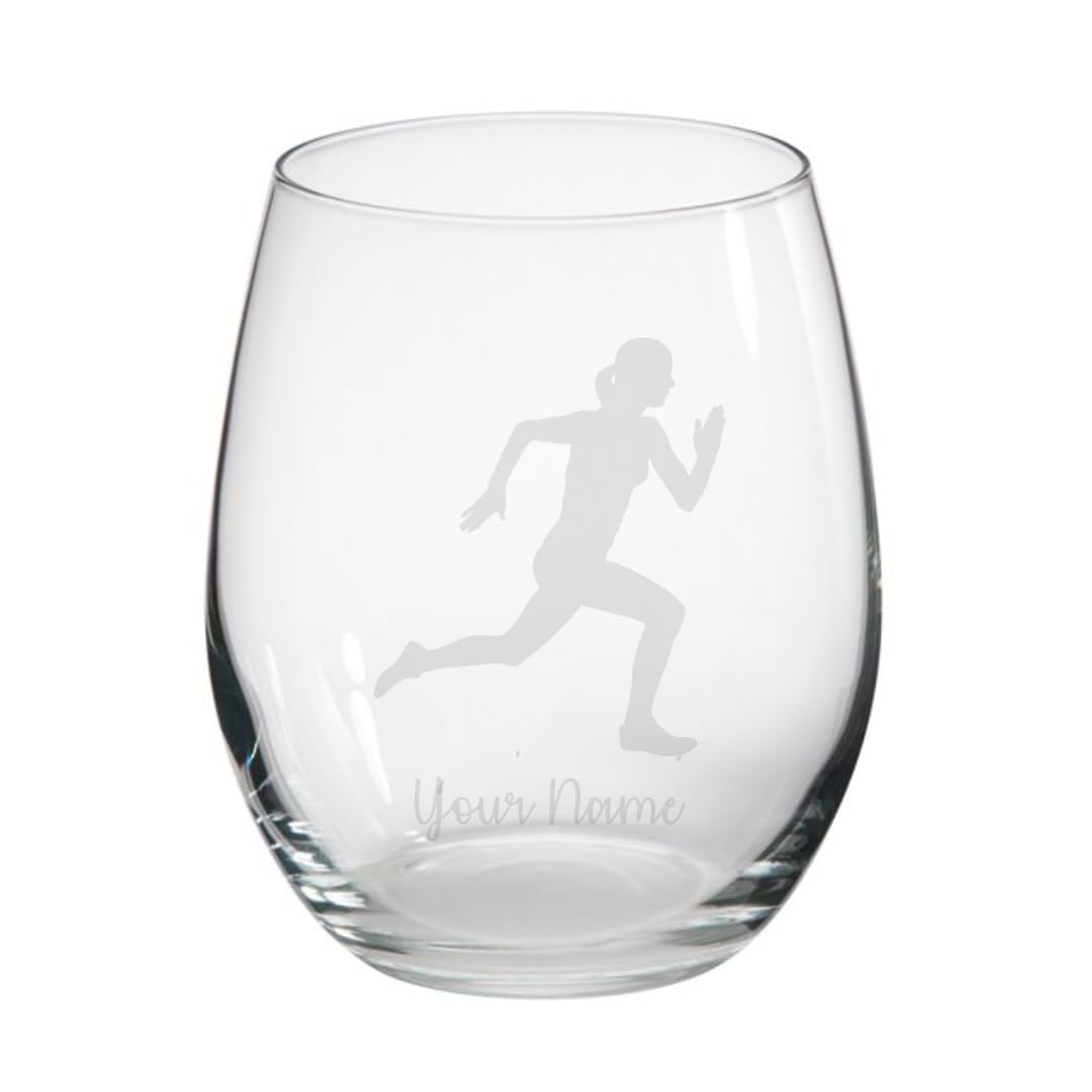 Female Runner Engraved Glass, Sports Gift Running (Stemless Glass)