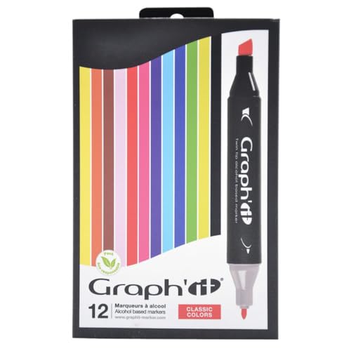 Graph'it - Set de 12 Markers à Alcool Double Pointe : Fine et Biseautée pour Dessin de Manga, Illustration, Colorant, Esquisse, Écriture - Rechargeables - Set Classic