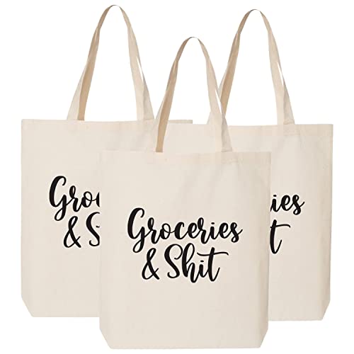 Tees & Tails Groceries & Shit Canvas Multipurpose Tote Bag Reusable All-Natural Grocery Bag (Single Or Bulk)