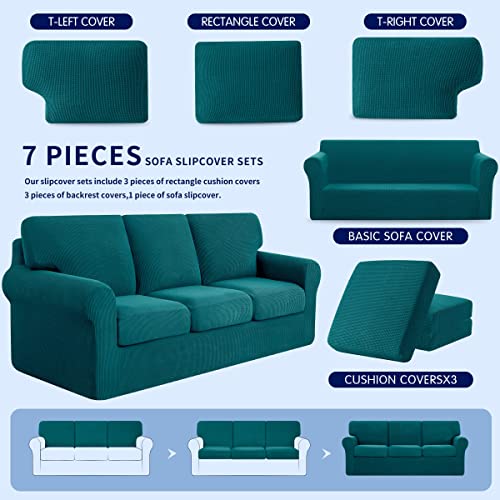 SUBRTEX 3 Piece Armchair Cover Bundles 7 Piece Sofa Cover Stretch Couch Slipcover with Separate Backrest Covers and Cushion Covers Slipcover Sets for Living Room（Small+Large,Turquoise） - Thumbnail 6