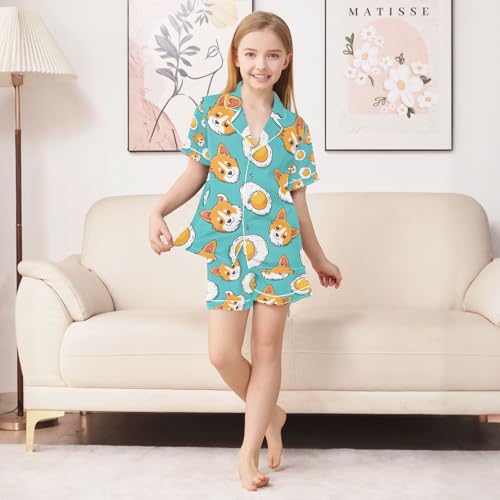 senya Cute Dog Yolk Satin Summer Pajama Sets Silk Short Sleeve Button Down Sleepwear4