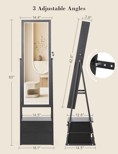 Nicetree LED Mirror Jewelry Cabinet Standing, Lockable Jewelry Cabinet Armoire with 2 Drawers, Full Length Mirror with Jewelry Storage, Christmas Gifts, Black