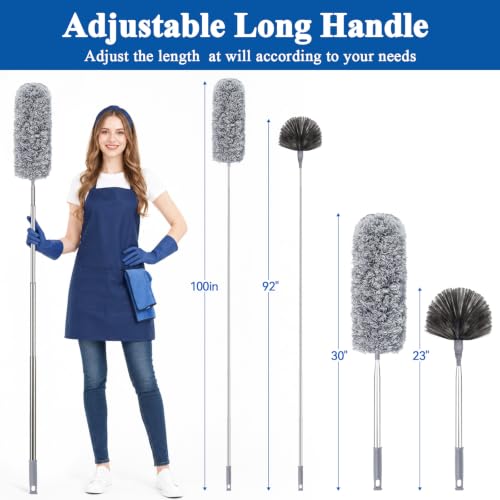 Image of Cobweb Duster with Extension Pole 100 inches, Dusters for Cleaning with 2 Duster Heads, Washable Microfiber Feather Duster for Cleaning Ceiling Fan, High Ceiling, Blinds, Furniture & Cars