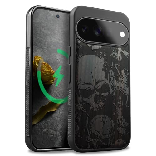 Étui pour Pixel 11 Sombre au motif de crâne de style en bois naturel