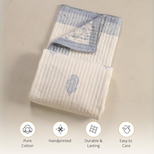 Image of Peepul Tree 100% Cotton Malmal AC Comforter 60 x 90 Inches, Best for Summers Lightweight, Soft, Breathable & Reversible AC Blanket for Single Bed, Off White & Blue