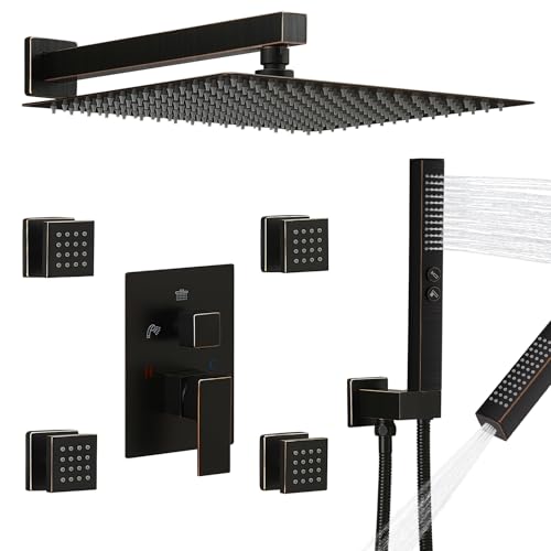 RUMOSE Rainfall Shower System with 4 Body Jets Wall Mounted 4 Mode Shower Faucet Set with 12 Inch Rain Shower Head and 2 in 1 Handheld Spray, Oil Rubbed Bronze Brass Shower Fixtures, Rough-in Valve