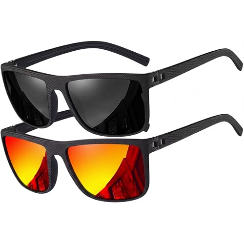 Image of grinderPUNCH Polarized Square Sunglasses for Men Black Designer Polarized Sunglasses Trendy Shades Sunglasses For Men UV 400 (2 Pack Black & Red)