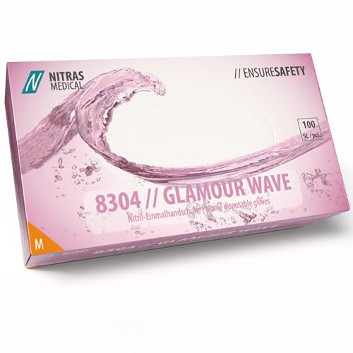 Nitras 8304 GLAMOUR Wave - Guantes desechables de nitrilo no estéril, color rosa perlado, 100 unidades en caja dispensadora, sin látex y sin polvo, compatible con pantalla táctil (M)