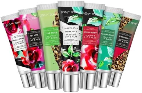 Betsey Johnson Lip Balm Set, 7 Pack Hydrating Lip Balm with Argan Oil & Shea Butter, Moisturizing Lip Balm for Dry Cracked Lips, Cute Scented Mini Lip Balm