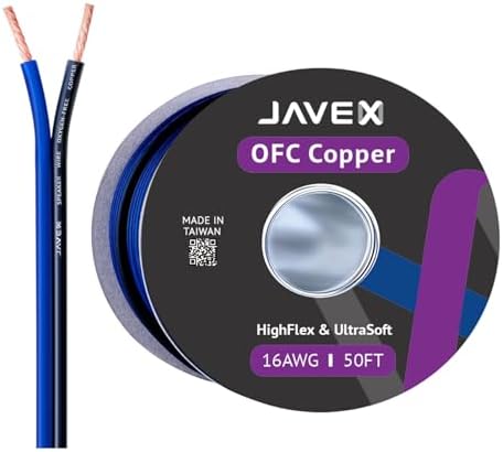 JAVEX Speaker Wire 16-Gauge AWG [0.16mm Strands Oxygen-Free Copper 99.9%] Stranded Copper, Blue/Black, Cable for Hi-Fi Systems, Amplifiers, AV receivers and Car Audio Systems, 50FT [15.25M]