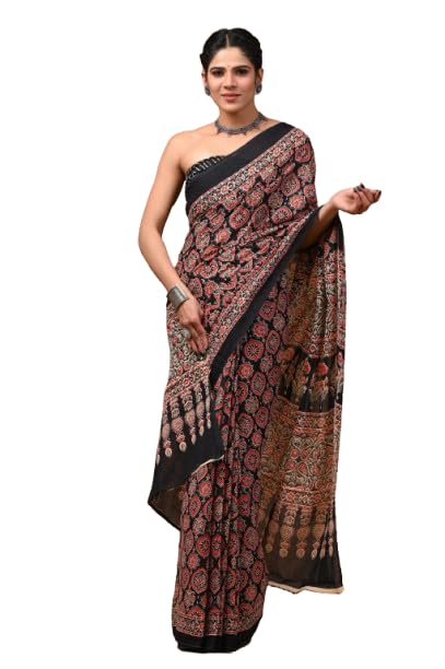Rovim Women's Jaipuri Hand Block Indigo Ajrakh Printed Pure Cotton Mulmul Saree With Matching Blouse Piece (Black 2-image-47