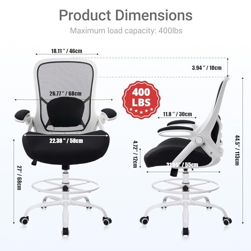 Image of HYLONE 400lbs Heavy Duty Drafting Chair 5 inch Thickened Seat Office Chair with Flip-Up Armrests Tall Ergonomic Computer Chair with Lumbar Support and Adjustable Footrest Ring Standing Desk Chair (Black)