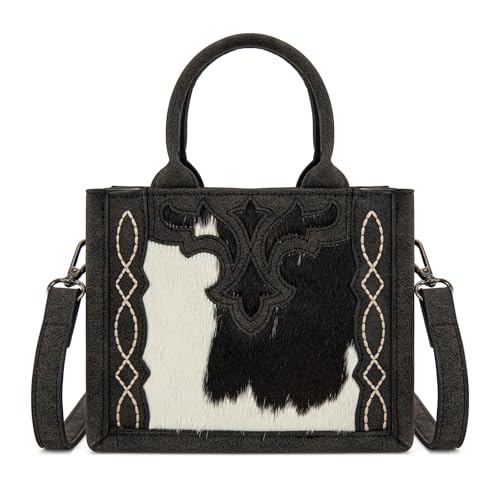 Trinity Ranch Mini Tote Bag for Women Genuine Hair-On Cowhide Tooled Handbag Cut-out Boot Stitch Women Purse TR198-8121BK