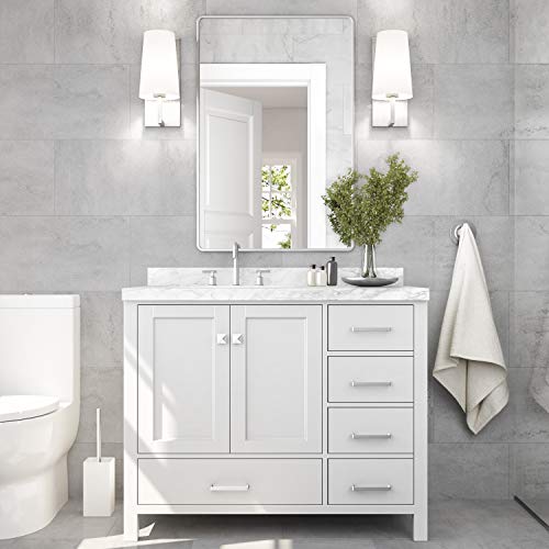 Ariel 43" Inch White Bathroom Vanity W/ 1.5" Edge Italian Carrara Marble Countertop & Backsplash | Left Rectangular Sink | 2 Soft Closing Doors & 5 Full Extension Dovetail Drawers | Satin Nickel Pulls #TOP1