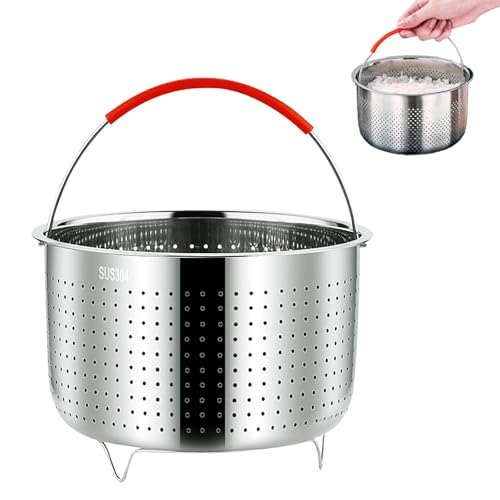 Vaporera de acero inoxidable 304 con mango de silicona, inserto de vapor para olla, reutilizable de acero inoxidable, cesta de vapor para diámetro exterior de 21,6 cm, para pescado, 6 l