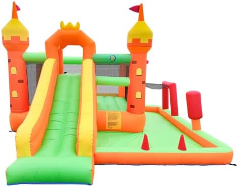 9 in 1 Bounce House with Blower, Castle Inflatable Jump Castle for Kids 3-10, Single Slide, Ring Toss, Boxing, Basketball, Climbing Wall, Safety Mesh, Backyard Lawn Birthday Playhouse