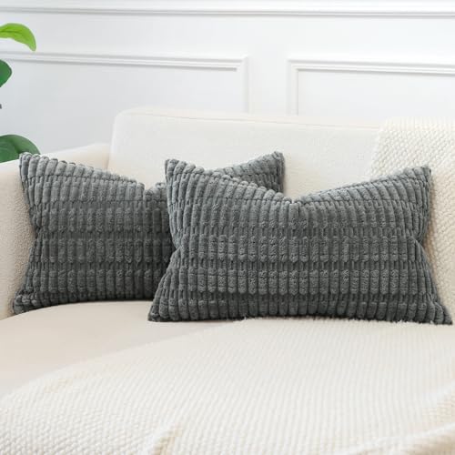 JOTOM Set of 2 Corduroy Soft Striped Cushion Covers 30x50 cm Boho Decorative Throw Pillow Covers Lumbar Cushion Case Couch Home Decor Pillowcases for Sofa Bedroom 12x20 Inch (Smoky Grey) - Image 2