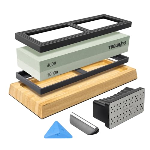 TOOLMAYS Schleifstein Set Körnung 400/1000 Abziehstein, Japanischer Messerschärfer Stein mit Rutschfeste Bambusbasis, Winkelführung und doppelseitiger Korrekturstein, Wetzstein TOOLMAYS Schleifstein Set Körnung 400/1000 Abziehstein, Japanischer Messerschärfer Stein mit Rutschfeste Bambusbasis, Winkelführung und doppelseitiger Korrekturstein, Wetzstein