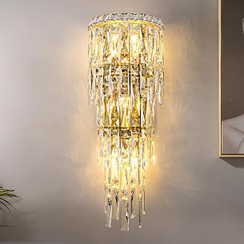 Fang Yan Mei Modern K9 Crystal Wall Sconce, Gold Finish Wall Light Fixture, Acrylic Crystal Drops Wall Lamp Bedside Light 3 Tiers Crystal Wall Lamp for Bedroom Living Room，E12 Base Cover