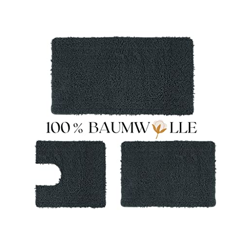 QOENIQ 3 teiliges 100 % Baumwolle Badematte 120, 80 und 50 cm Badvorleger Badteppich rutschfest (Anthrazit)