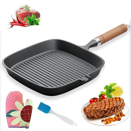 Consejos para Comprar Sarten grill comprados en linea. 48 Comal de Hierro Fundido 24cm, OPUEW Sartenes de Hierro Fundido para Filetes, Con Guantes Aislantes, Pala de Acero Inoxidable y Cepillo Pequeño, Para Carnes, Pescado y Verduras