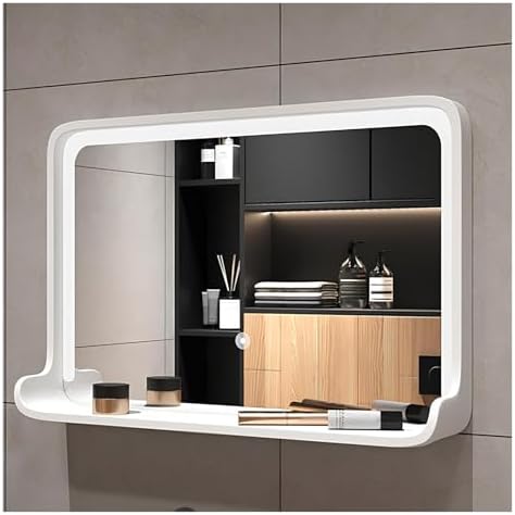 Square Bathroom Vanity Mirror with Shelf, Dimmable LED Lighted Rectangle Mirrors, Wall-Mounted Makeup Mirror Above Sink with Wooden Frame(Natural,60 * 40cm)